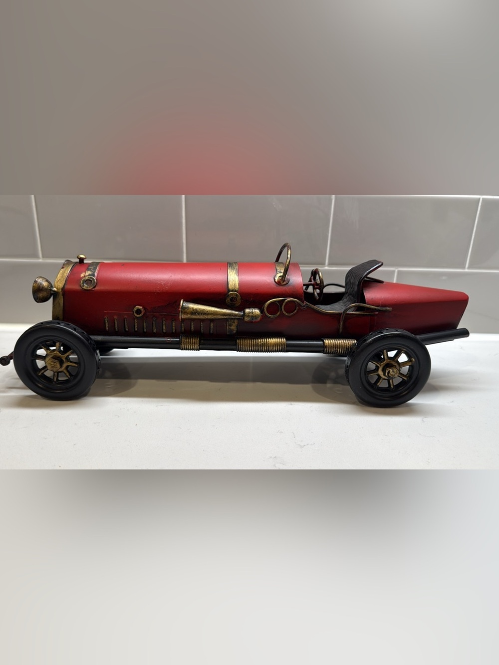Red Metal Vintage Racecar Accent with Brass Details